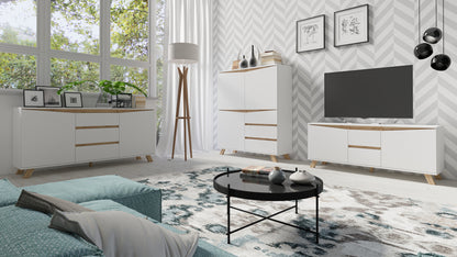 Highboard VALENTIN / Sideboard matt weiß oder anthrazit mit Absetzung in Eiche-Optik / Wohnzimmer-Schrank mit 3 Türen und 3 Schubkästen / Im Scandi-Style / Grifflos / B 120, H 137, T 38 cm