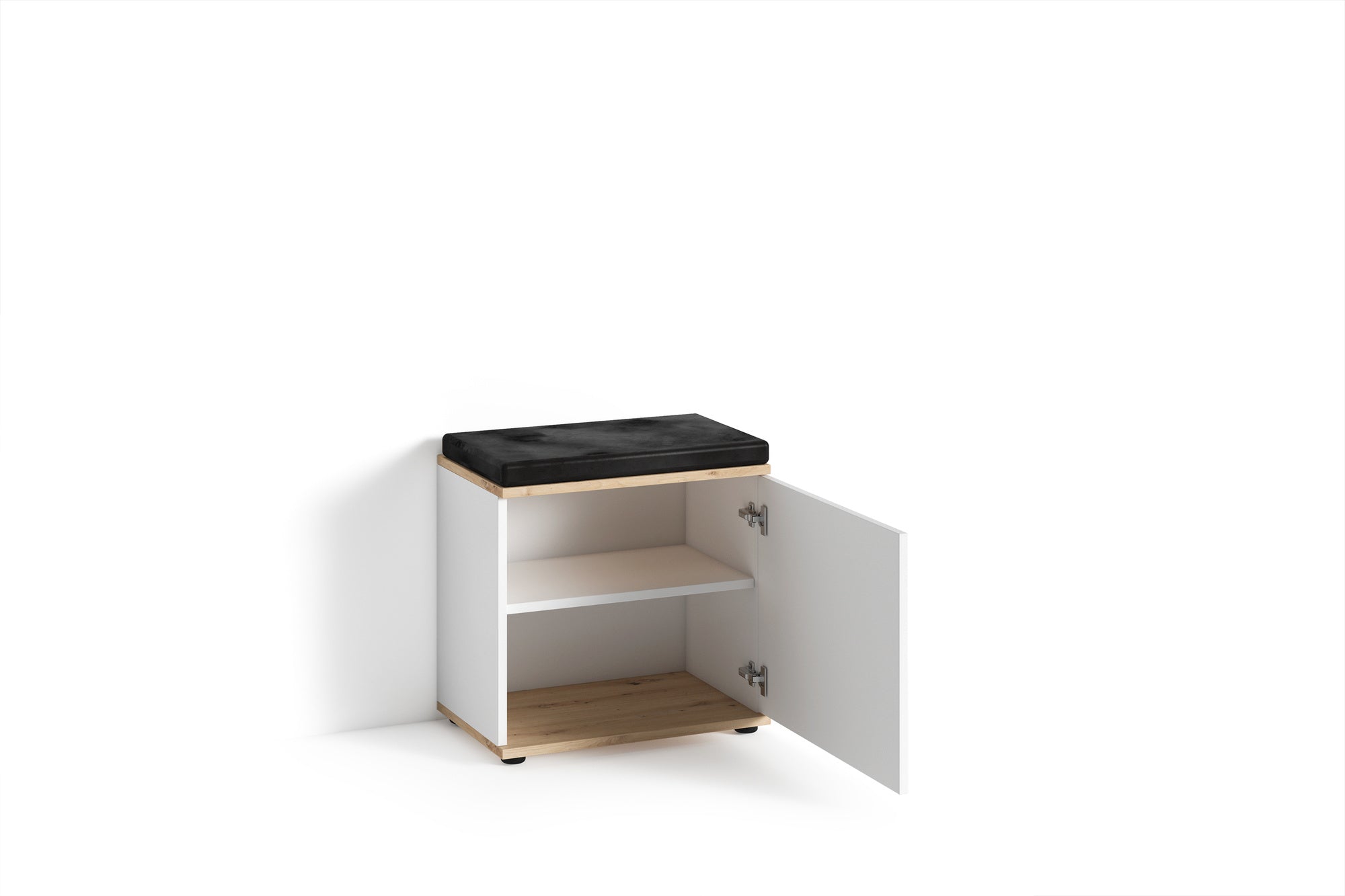 Sitzbank JAKOB / Hocker in Artisan Eiche (Eiche-Optik), schwarz oder Old Wood (Altholz-Optik) mit schwarzem Kunstleder Sitzkissen / Schuhschrank mit Tür / zwei Fächer / Garderoben-Kommode / Schuh-Bank / B 48,5 H 49, T 30 cm