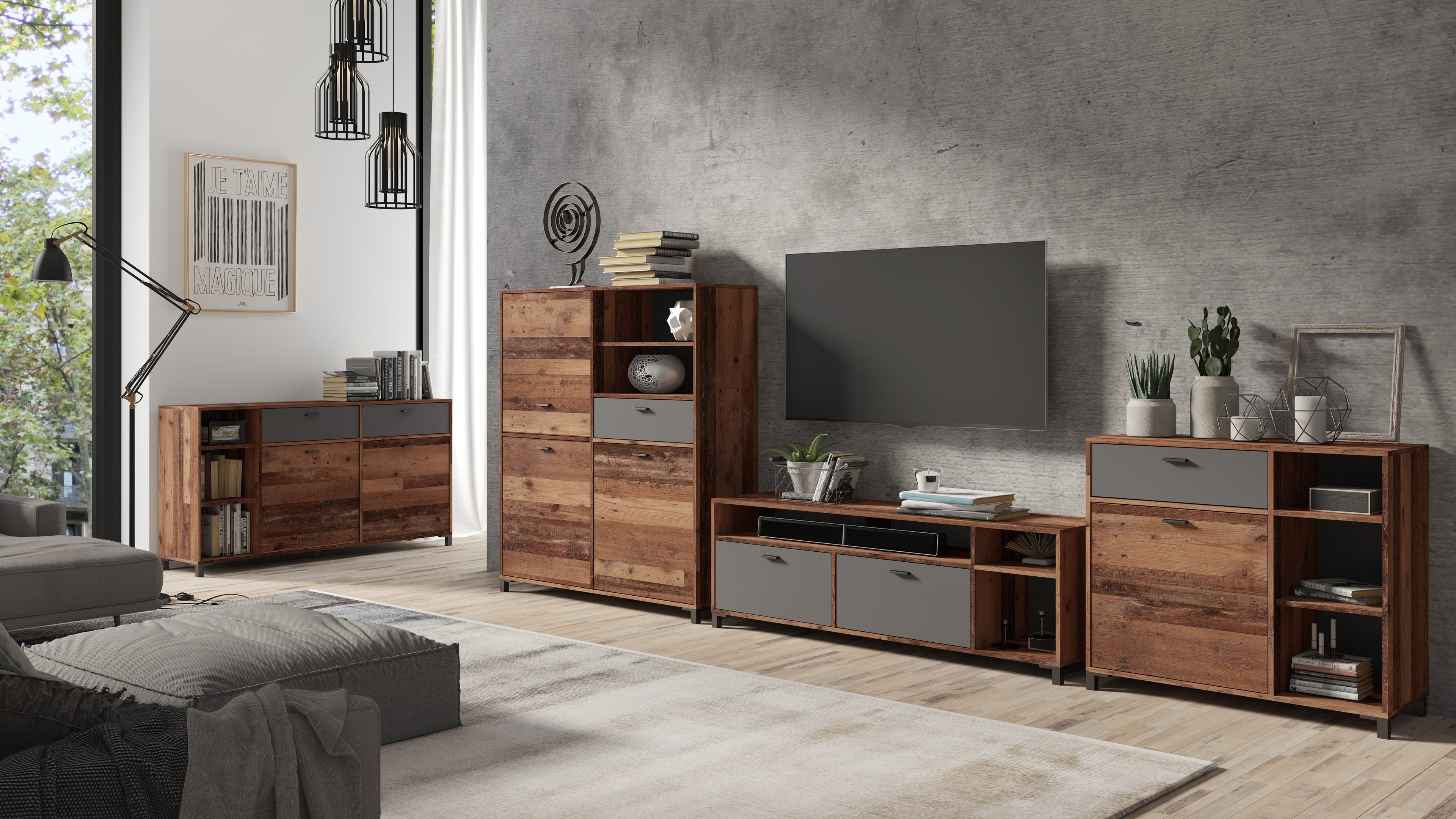 Sideboard JACKSON / Sideboard Old Wood Vintage mit Absetzung in Anthrazit / Kommode mit 2 Türen und 2 Schubkästen/ B 160, H 85, T 40 cm