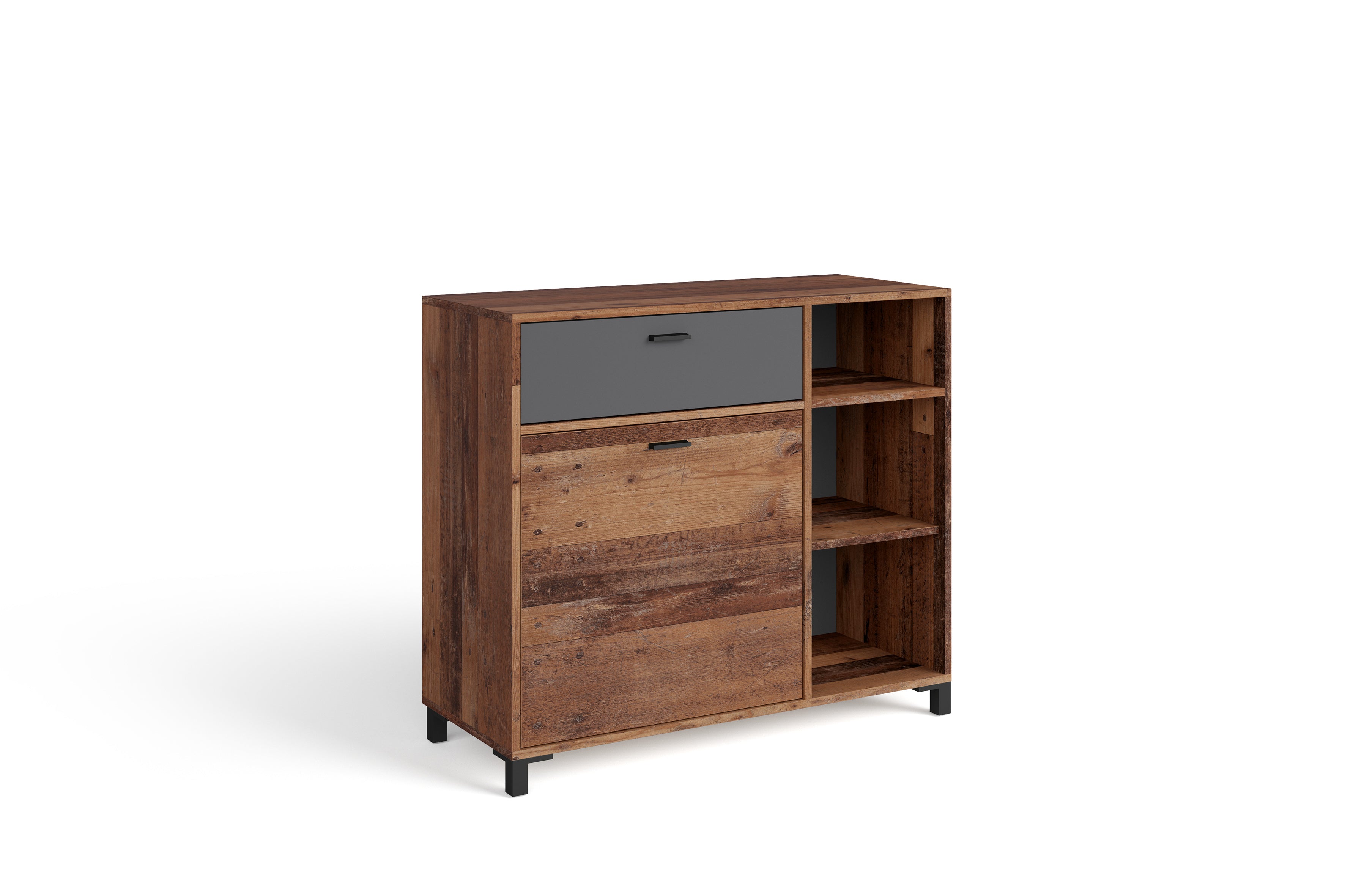 Sideboard JACKSON / Kommode Old Wood Vintage mit Absetzung in Anthrazit / Kommodenschrank mit 1 Tür und 1 Schubkasten / B 98, H 85, T 40 cm