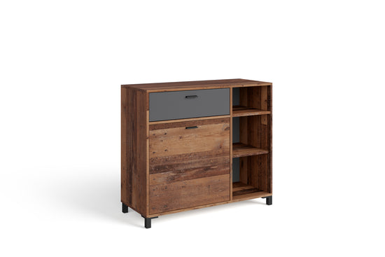 Sideboard JACKSON / Kommode Old Wood Vintage mit Absetzung in Anthrazit / Kommodenschrank mit 1 Tür und 1 Schubkasten / B 98, H 85, T 40 cm