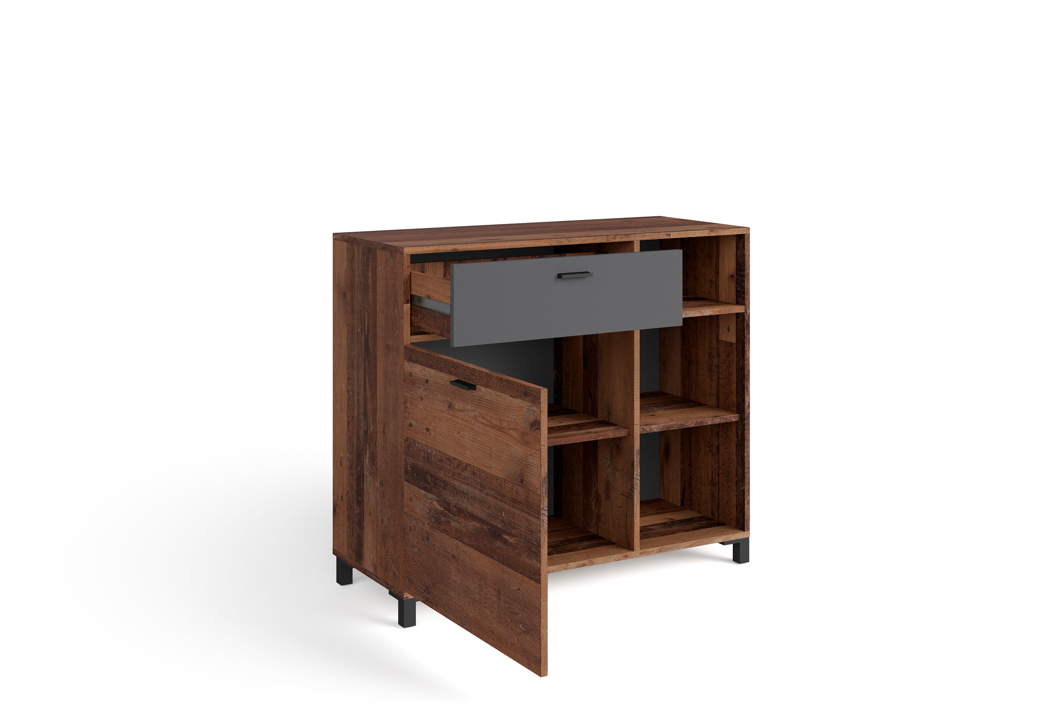 Sideboard JACKSON / Kommode Old Wood Vintage mit Absetzung in Anthrazit / Kommodenschrank mit 1 Tür und 1 Schubkasten / B 98, H 85, T 40 cm