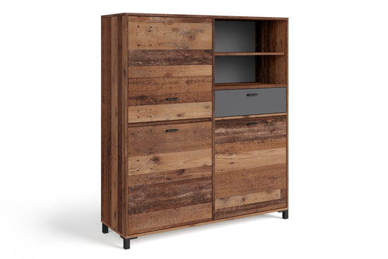 Highboard JACKSON / großes Sideboard Old Wood Vintage braun / 3-türig braun u. 1 Schubalde in Anthrazit / Wohnzimmerschrank mit 3 Türen und 1 Schubkasten / B 126, H 143, T 40 cm