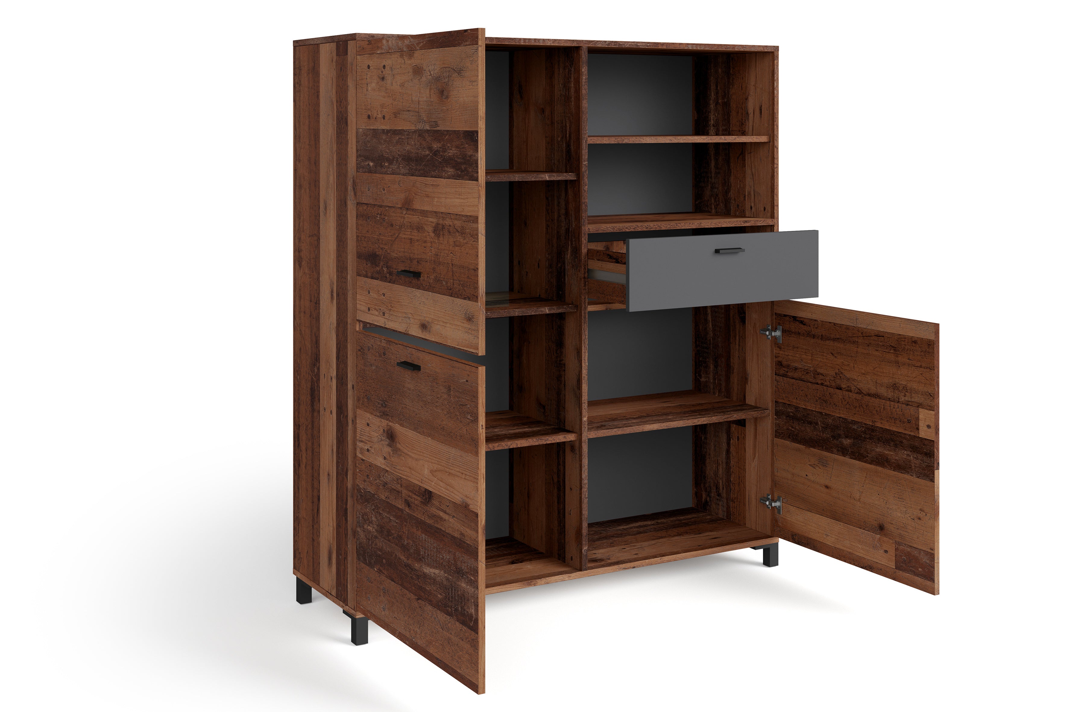 Highboard JACKSON / großes Sideboard Old Wood Vintage braun / 3-türig braun u. 1 Schubalde in Anthrazit / Wohnzimmerschrank mit 3 Türen und 1 Schubkasten / B 126, H 143, T 40 cm