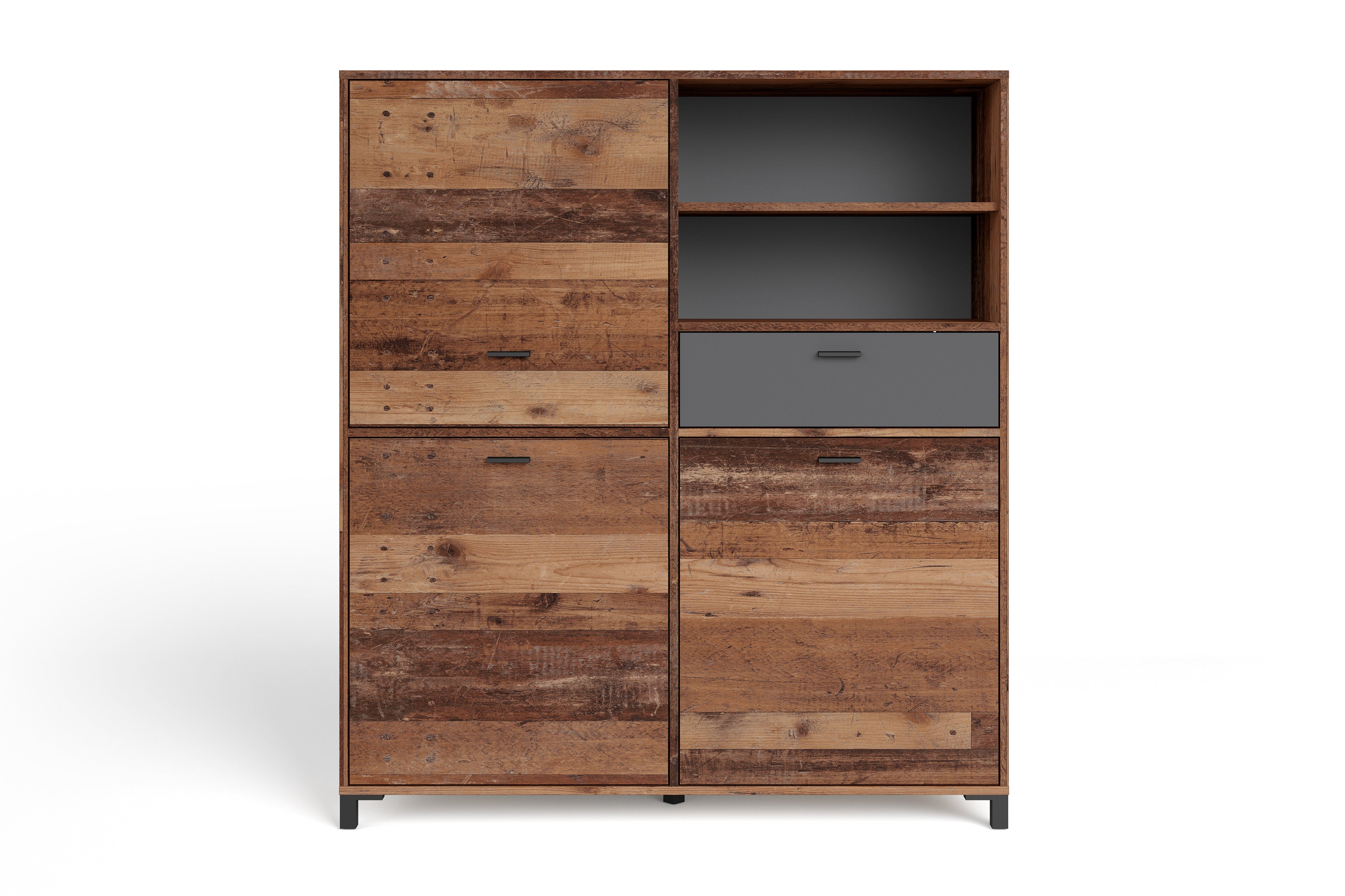Highboard JACKSON / großes Sideboard Old Wood Vintage braun / 3-türig braun u. 1 Schubalde in Anthrazit / Wohnzimmerschrank mit 3 Türen und 1 Schubkasten / B 126, H 143, T 40 cm