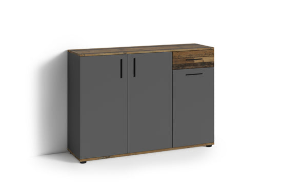 Kommode JAKOB / 3-trg. mit 1 Schubkasten / in Artisan Eiche (Eiche-Optik), weiß oder Old Wood (Altholz-Optik) / Sideboard / B 110, H 83,5, T35,5 cm
