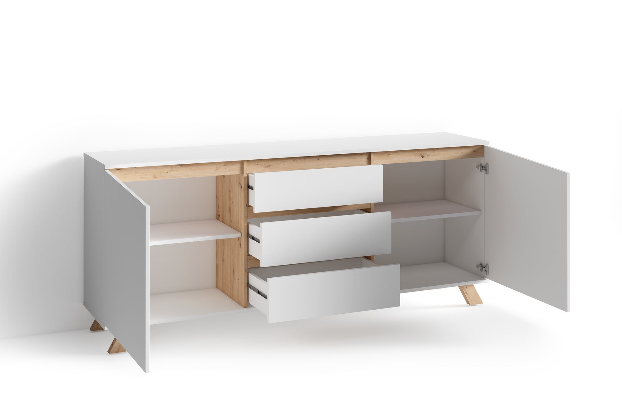 Sideboard VALENTIN / Kommode matt weiß oder anthrazit mit Absetzung in Eiche-Optik / Schrank mit 2 Türen und 3 Schubkästen / Im Scandi-Style / Grifflos / B 180, H 80, T 38 cm