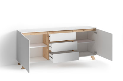 Sideboard VALENTIN / Kommode matt weiß oder anthrazit mit Absetzung in Eiche-Optik / Schrank mit 2 Türen und 3 Schubkästen / Im Scandi-Style / Grifflos / B 180, H 80, T 38 cm
