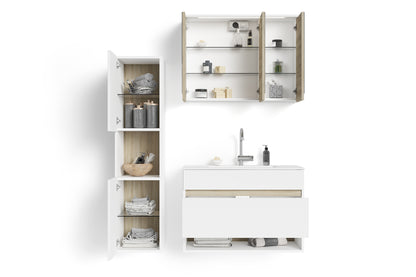 Waschtisch Marino / Waschbecken-unterschrank hängend, in schnee-weiß matt mit Absetzung in Sonoma Eiche / mit einer Schublade und einem offenen Fach / B 80, H 56, T 40 cm