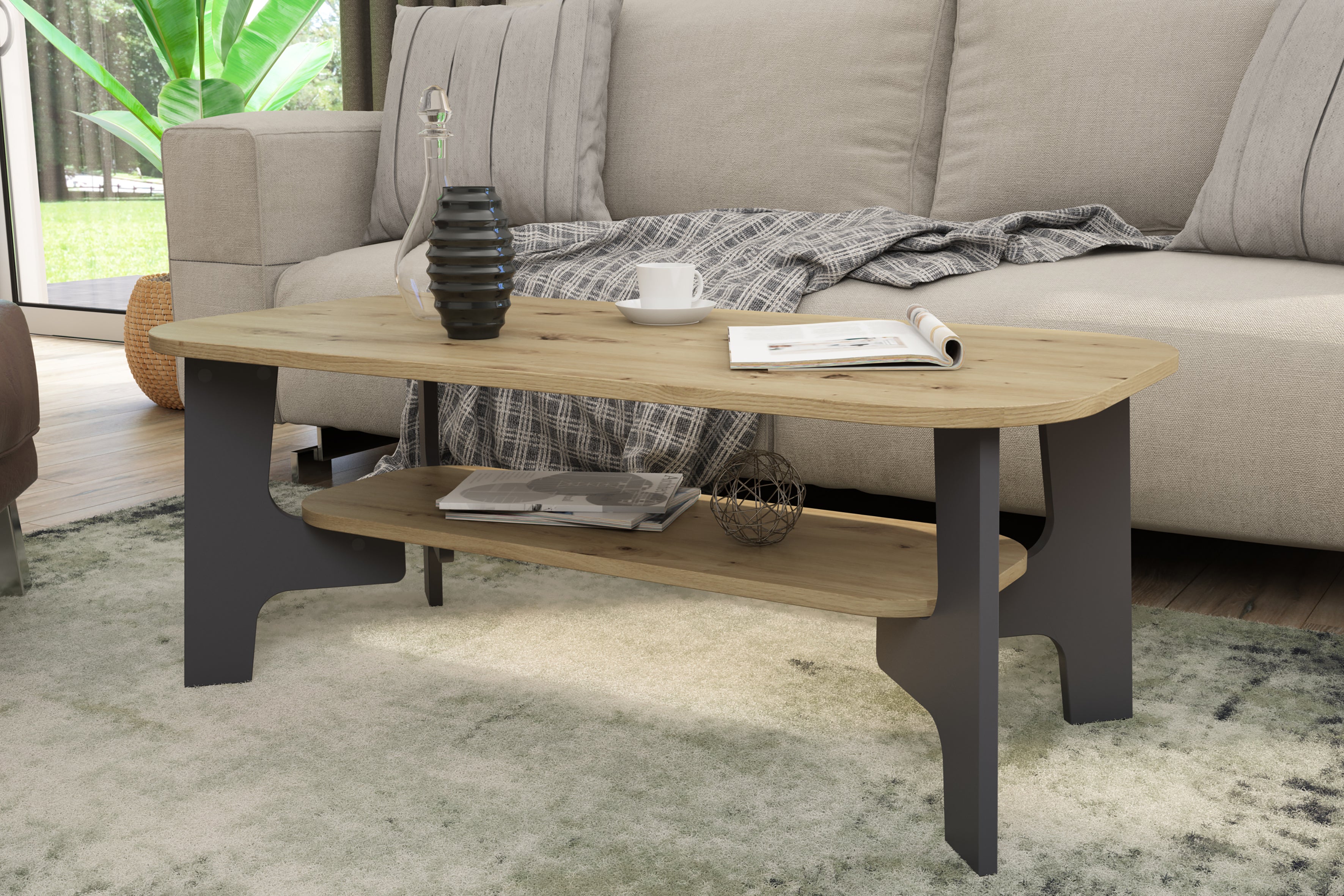 Couchtisch JONNY / Melamin Artisan Eiche (Eiche-Optik), Old Wood (Altholz-Optik) oder weiß, Melamin Anthrazit / B 110, H 42,5, T 55 cm / mit Ablageboden