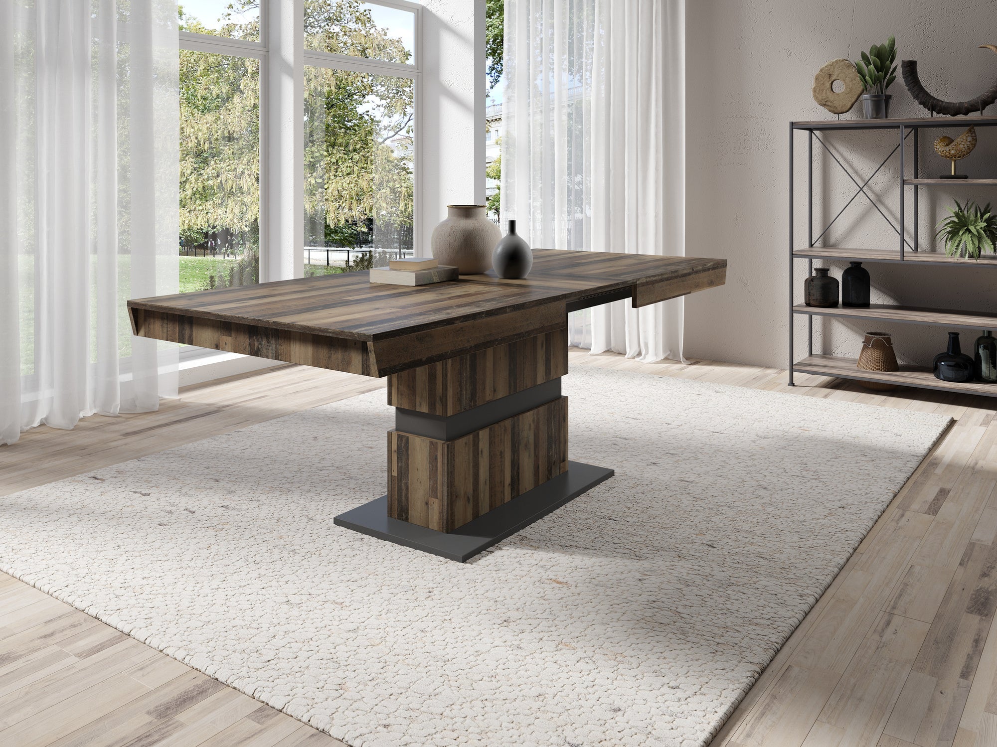 Esszimmertisch MATTHEW / Küchen-Tisch 160 cm mit Auszugsfunktion auf 215 cm / Auszugstisch Artisan Eiche, Light Atelier oder Old Wood / Esstisch ausziehbar mit Einlegeplatte / 160-215 x 90, H 75 cm