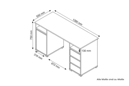 Schreibtisch LOBO / Arbeits-Tisch in weiß, Artisan Eiche (Eiche-Optik) oder Old Wood (Altholz-Optik) / Computer-Tisch mit 3 Schubladen, 1 Tür und 2 offenen Fächern / Große Arbeits-Fläche 138 x 55cm / Bürotisch / 138x75x55 cm (BxHxT)