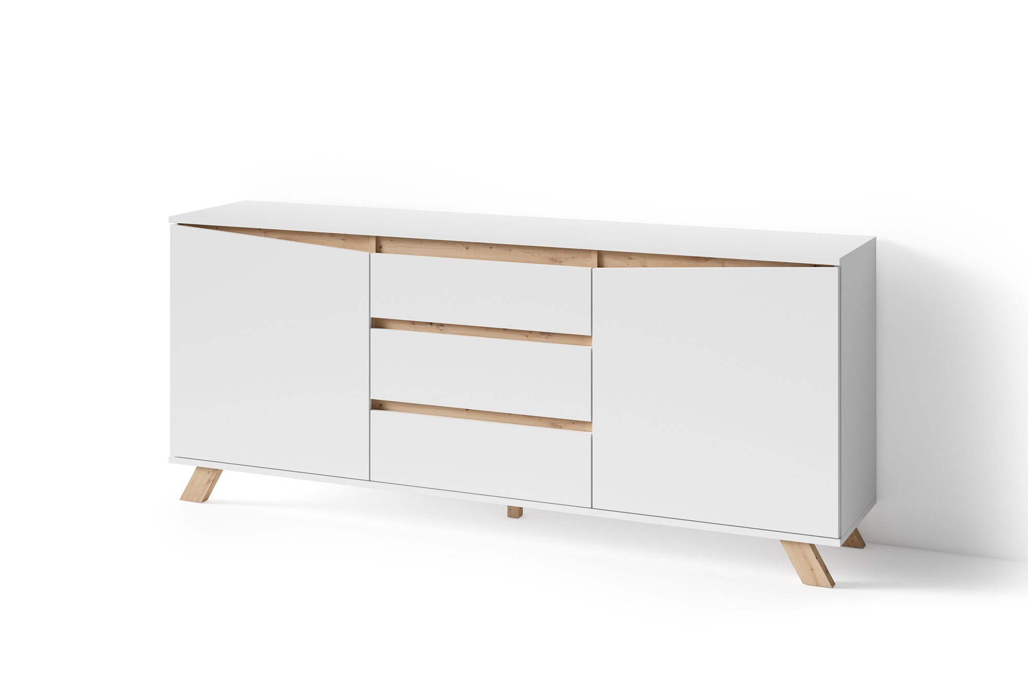 Sideboard VALENTIN / Kommode matt weiß oder anthrazit mit Absetzung in Eiche-Optik / Schrank mit 2 Türen und 3 Schubkästen / Im Scandi-Style / Grifflos / B 180, H 80, T 38 cm