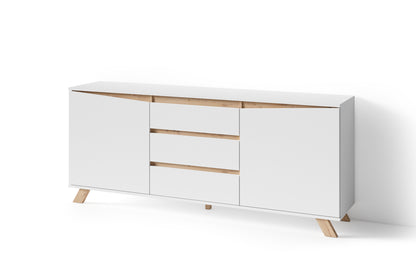 Sideboard VALENTIN / Kommode matt weiß oder anthrazit mit Absetzung in Eiche-Optik / Schrank mit 2 Türen und 3 Schubkästen / Im Scandi-Style / Grifflos / B 180, H 80, T 38 cm