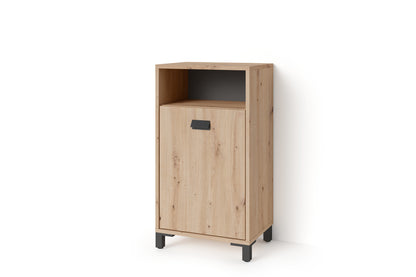 Badezimmer Seitenschrank WELLNESS in Artisan Eiche, Griff aus Metall in schwarz / Badschrank mit einem offenen Fach und einer Tür / B 42, H 77,5, T 31 cm