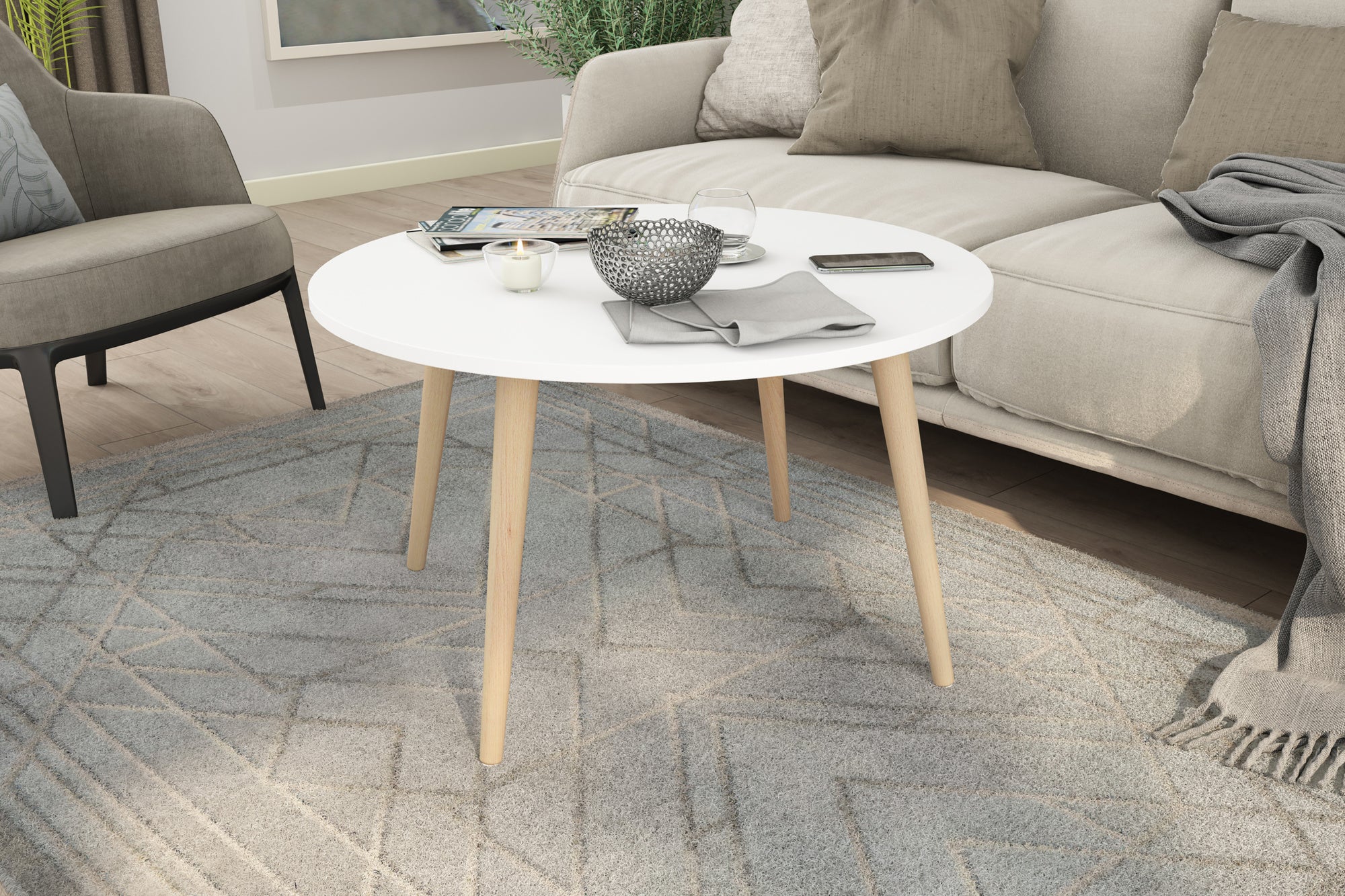 Couchtisch LASSE / Melamin weiß, Buche massiv natur / D 80, H 46 cm / skandinavischer Stil