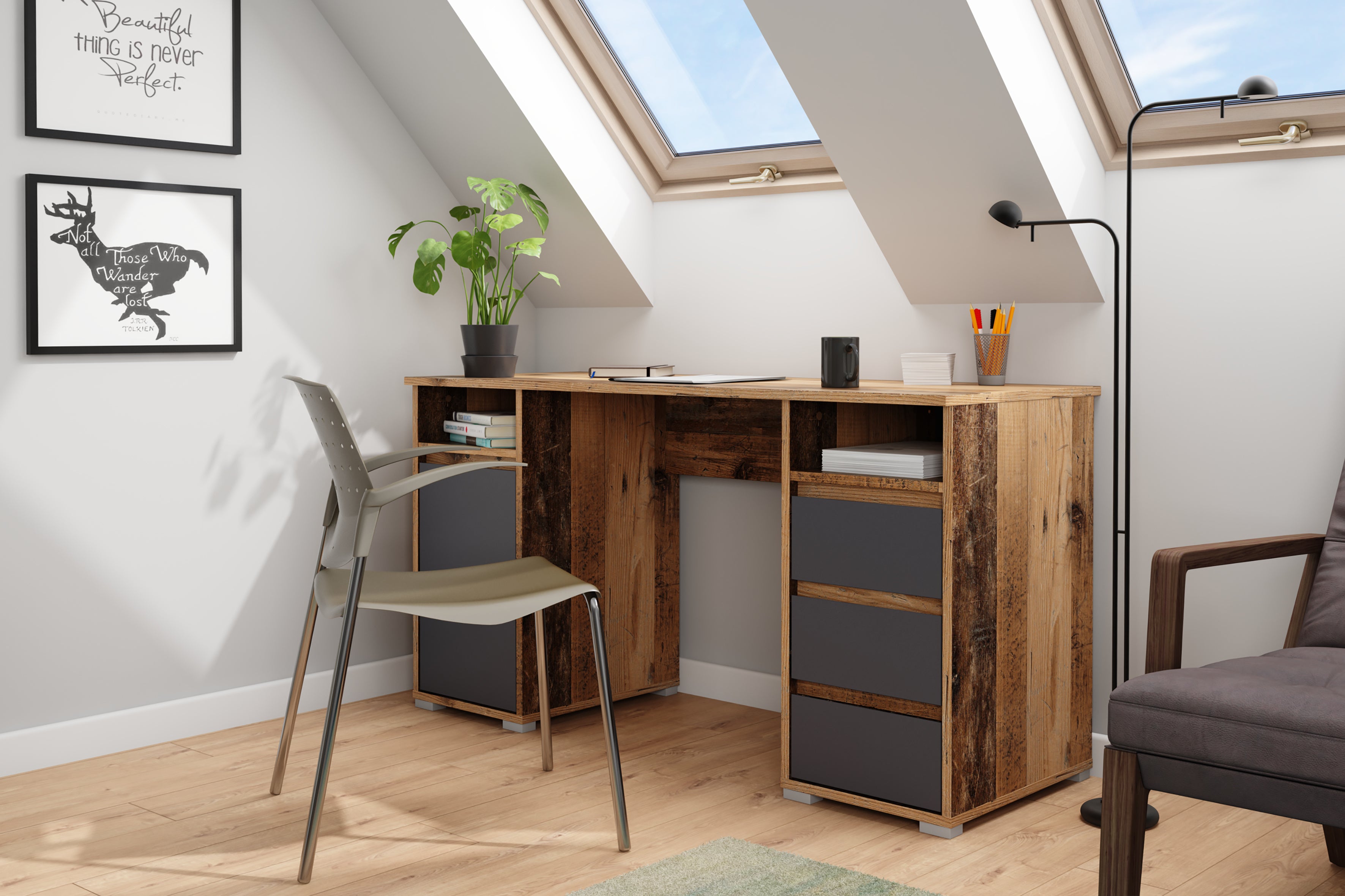 Schreibtisch LOBO / Arbeits-Tisch in weiß, Artisan Eiche (Eiche-Optik) oder Old Wood (Altholz-Optik) / Computer-Tisch mit 3 Schubladen, 1 Tür und 2 offenen Fächern / Große Arbeits-Fläche 138 x 55cm / Bürotisch / 138x75x55 cm (BxHxT)