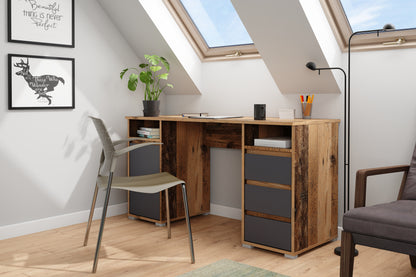 Schreibtisch LOBO / Arbeits-Tisch in weiß, Artisan Eiche (Eiche-Optik) oder Old Wood (Altholz-Optik) / Computer-Tisch mit 3 Schubladen, 1 Tür und 2 offenen Fächern / Große Arbeits-Fläche 138 x 55cm / Bürotisch / 138x75x55 cm (BxHxT)