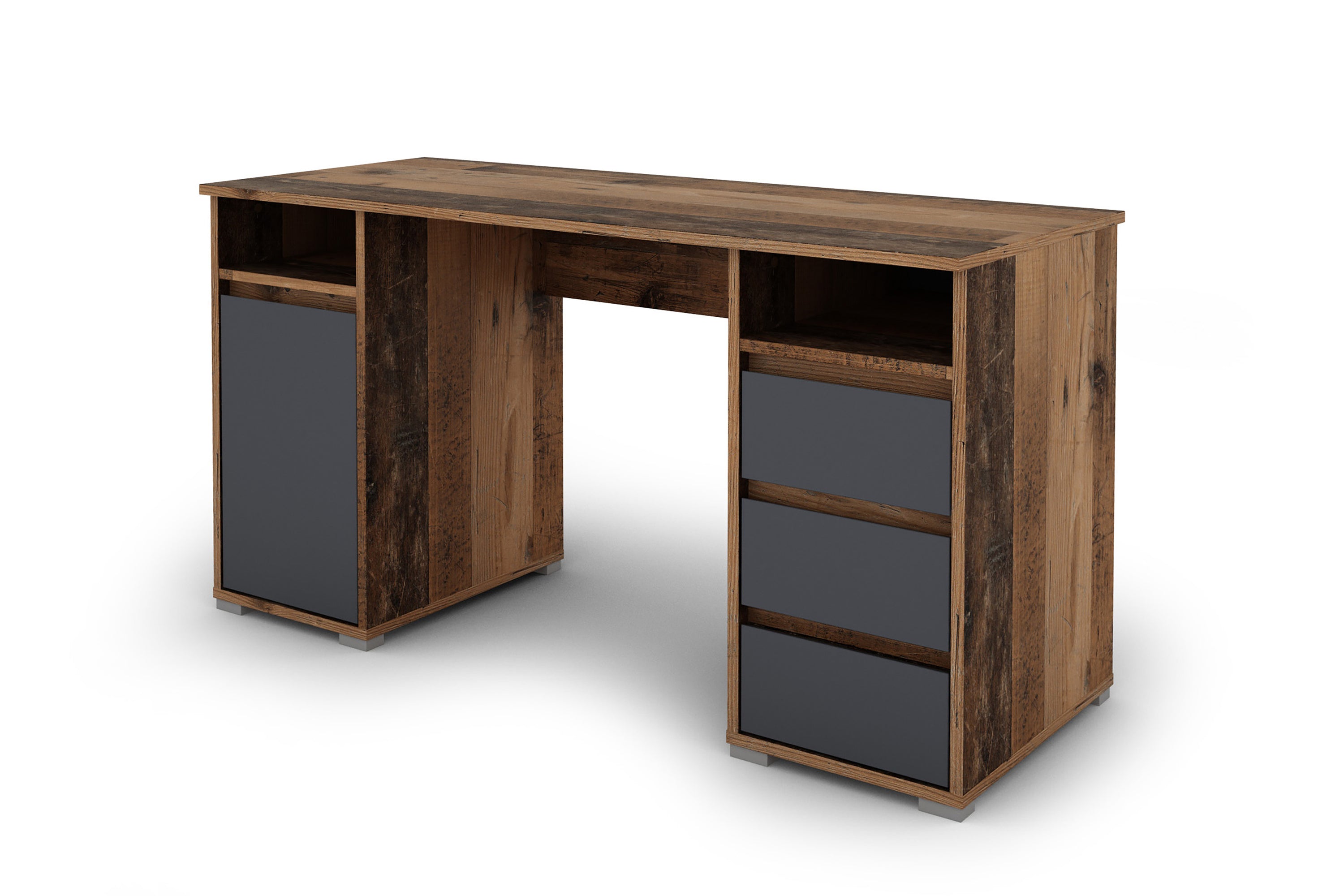 Schreibtisch LOBO / Arbeits-Tisch in weiß, Artisan Eiche (Eiche-Optik) oder Old Wood (Altholz-Optik) / Computer-Tisch mit 3 Schubladen, 1 Tür und 2 offenen Fächern / Große Arbeits-Fläche 138 x 55cm / Bürotisch / 138x75x55 cm (BxHxT)