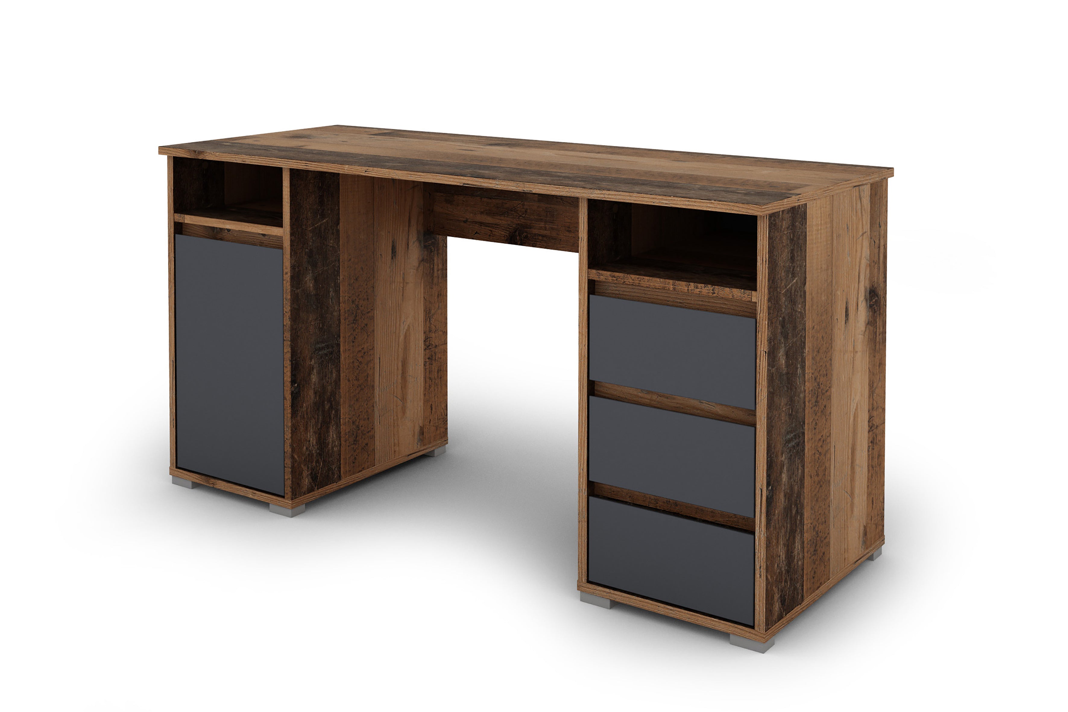 Schreibtisch LOBO / Arbeits-Tisch in weiß, Artisan Eiche (Eiche-Optik) oder Old Wood (Altholz-Optik) / Computer-Tisch mit 3 Schubladen, 1 Tür und 2 offenen Fächern / Große Arbeits-Fläche 138 x 55cm / Bürotisch / 138x75x55 cm (BxHxT)