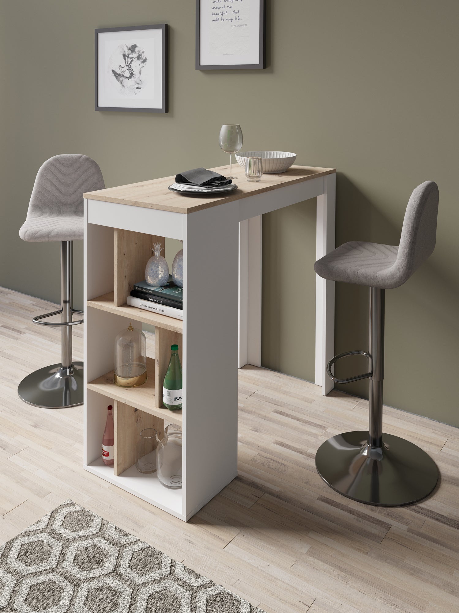 Bartisch MOBY / Moderner Küchentisch in Weiß / Tischplatte und Regale in Eichen-Holz-Optik Hell-Braun / Hoher Esstisch / Skandinavisches Design / B 110, H 104, T 50 cm