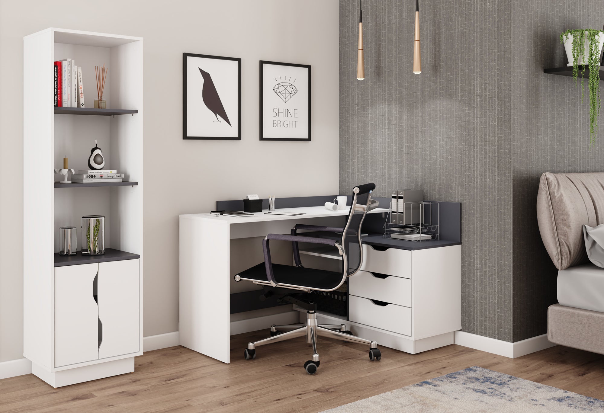 Winkelschreibtisch BELFAST / Rechts oder Links montierbar / 3 Schubkästen / Anthrazit, Weiß-Anthrazit, Artisan Eiche (Eiche-Optik) oder Old Wood (Altholz-Optik) /Bürotisch / Eckschreibtisch / Schreibtisch / B 129, H 83,5, T 105 cm