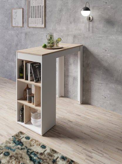 Bartisch MOBY / Moderner Küchentisch in Weiß / Tischplatte und Regale in Eichen-Holz-Optik Hell-Braun / Hoher Esstisch / Skandinavisches Design / B 110, H 104, T 50 cm