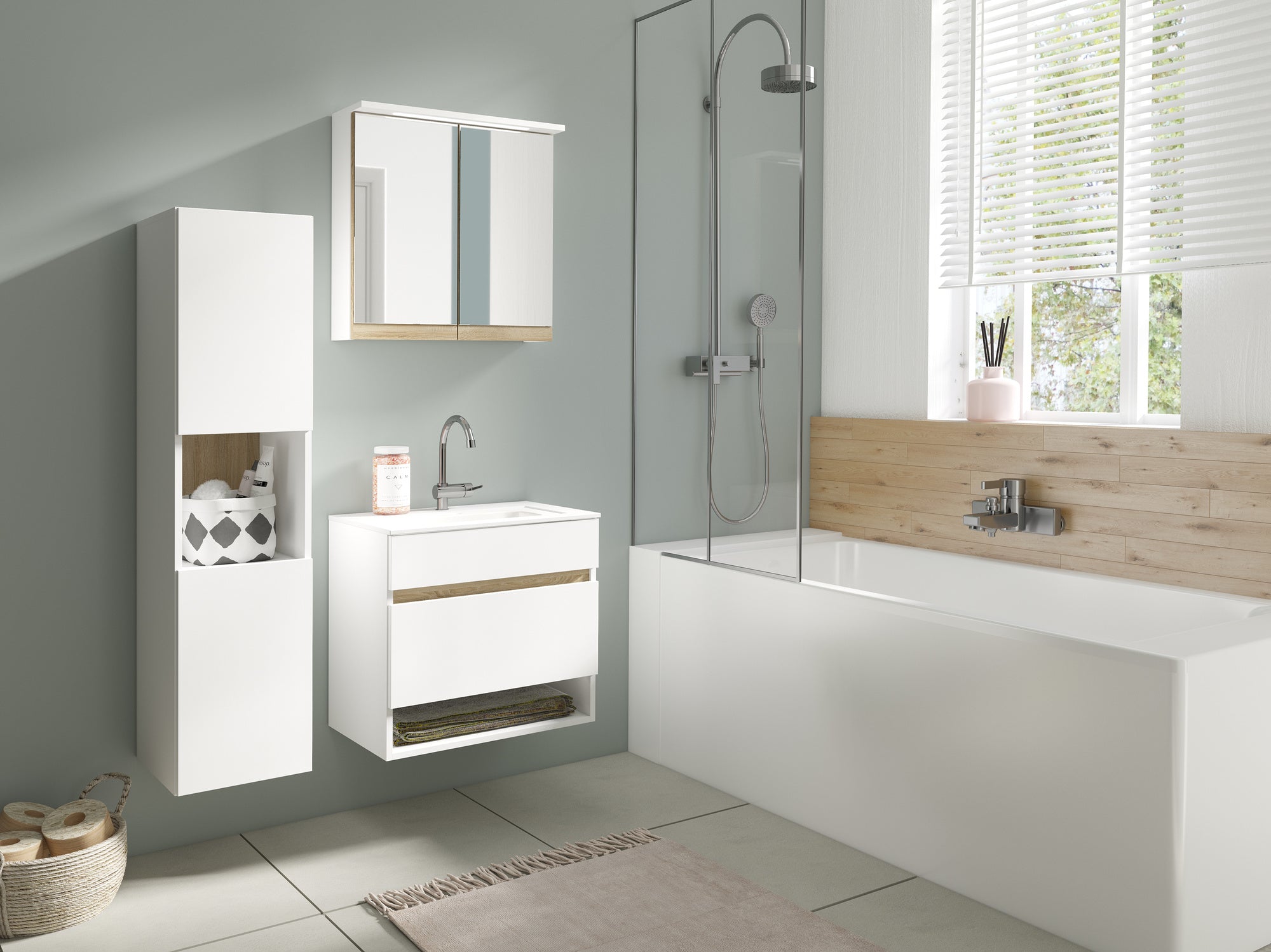 Badezimmer Spiegelschrank Marino mit LED-Beleuchtung und Steckdose / Moderner, 2-türiger Spiegel Hängeschrank in schnee-weiß matt und Absetzung Sonoma Eiche / Wandschrank mit Spiegeltüren / B 60, H 60, T 20 cm