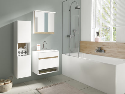 Badezimmer Spiegelschrank Marino mit LED-Beleuchtung und Steckdose / Moderner, 2-türiger Spiegel Hängeschrank in schnee-weiß matt und Absetzung Sonoma Eiche / Wandschrank mit Spiegeltüren / B 60, H 60, T 20 cm