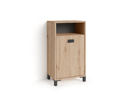 Badezimmer Seitenschrank WELLNESS in Artisan Eiche, Griff aus Metall in schwarz / Badschrank mit einem offenen Fach und einer Tür / B 42, H 77,5, T 31 cm