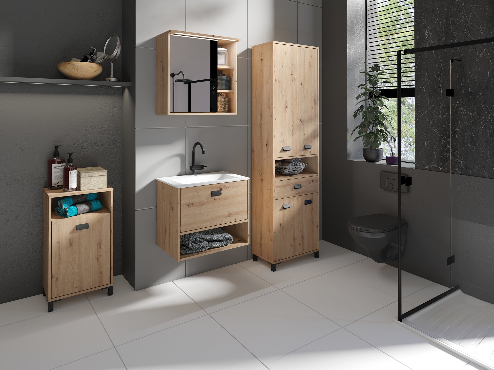 Badezimmer Spiegelschrank WELLNESS mit LED-Beleuchtung &amp; Steckdose / Moderner, 1-türiger Spiegel Hängeschrank in Artisan Eiche oder Weiß / Wandschrank mit Spiegeltür / B 60, H 61, T 28 cm