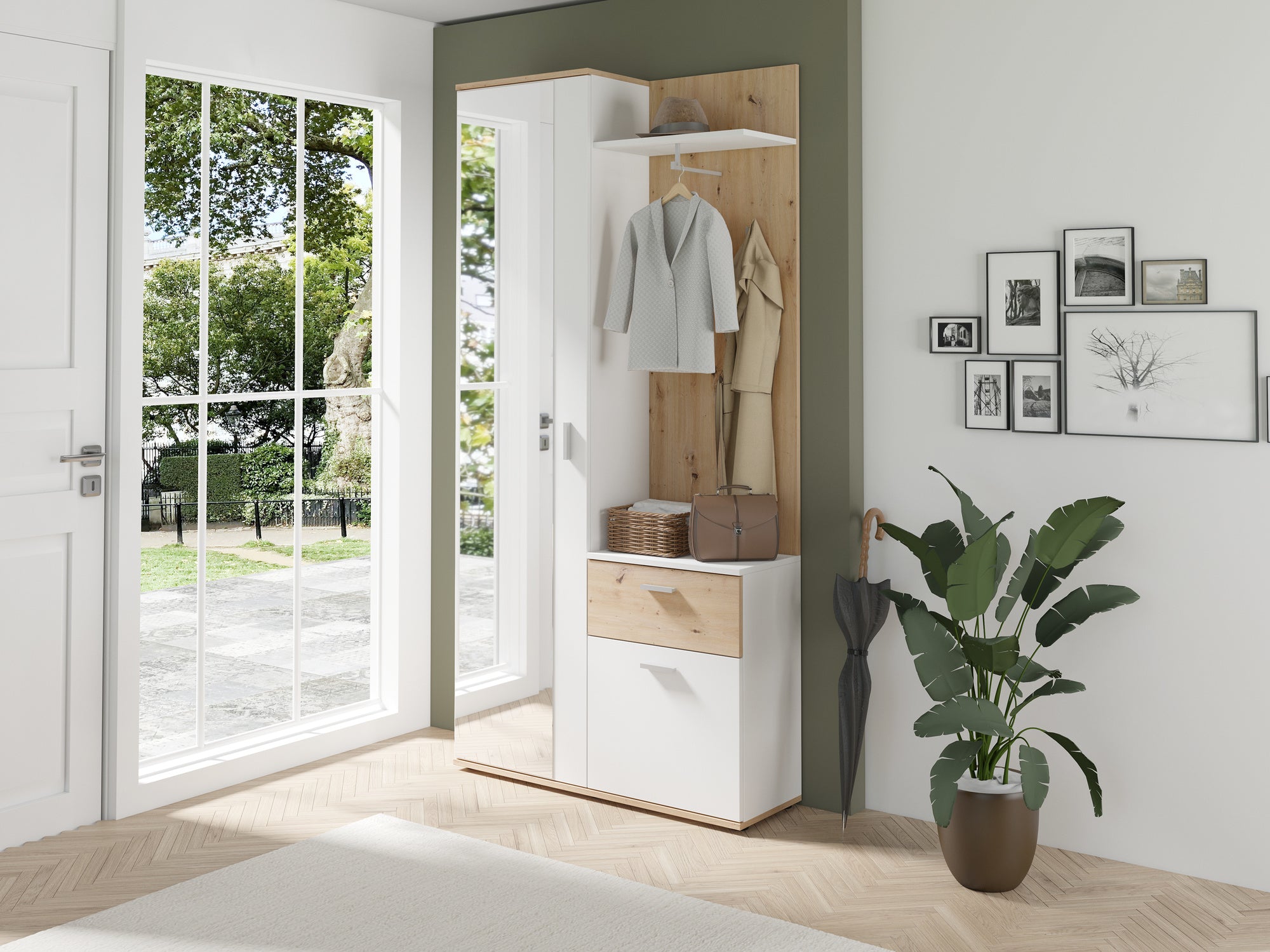 Kompakt-Garderobe JAKOB / in Old Wood (Altholz-Optik), Artisan Eiche (Eiche-Optik) oder weiß / Garderobe mit großer Spiegeltür / Fest montiertes Set / Kommode / Schuh-Schrank / B 97, H 195, T 30 cm