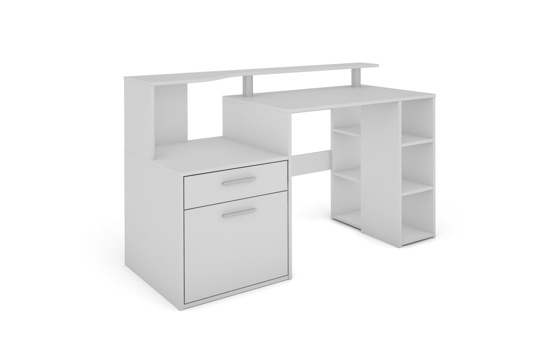 Schreibtisch LOUIS / Inkl. 1 Tür + 1 Schubkasten + 3 offenen Fächern / Weiß / Computertisch / XXL-Tisch / Arbeitstisch / Holztisch / Bürotisch / 140 x 89 x 55 cm (BxHxT)