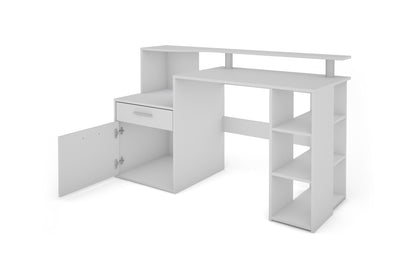 Schreibtisch LOUIS / Inkl. 1 Tür + 1 Schubkasten + 3 offenen Fächern / Weiß / Computertisch / XXL-Tisch / Arbeitstisch / Holztisch / Bürotisch / 140 x 89 x 55 cm (BxHxT)
