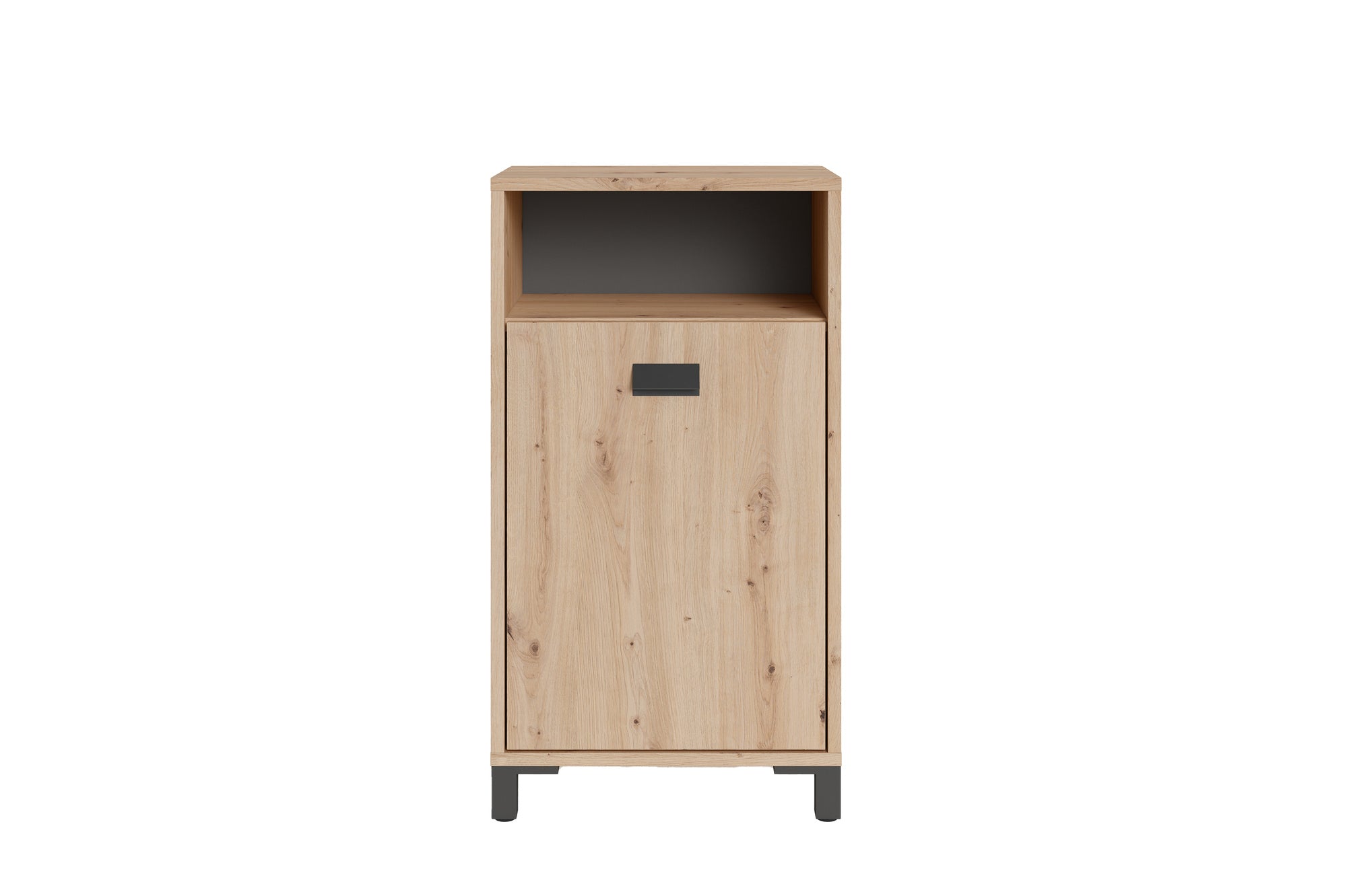Badezimmer Seitenschrank WELLNESS in Artisan Eiche, Griff aus Metall in schwarz / Badschrank mit einem offenen Fach und einer Tür / B 42, H 77,5, T 31 cm