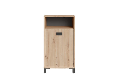 Badezimmer Seitenschrank WELLNESS in Artisan Eiche, Griff aus Metall in schwarz / Badschrank mit einem offenen Fach und einer Tür / B 42, H 77,5, T 31 cm
