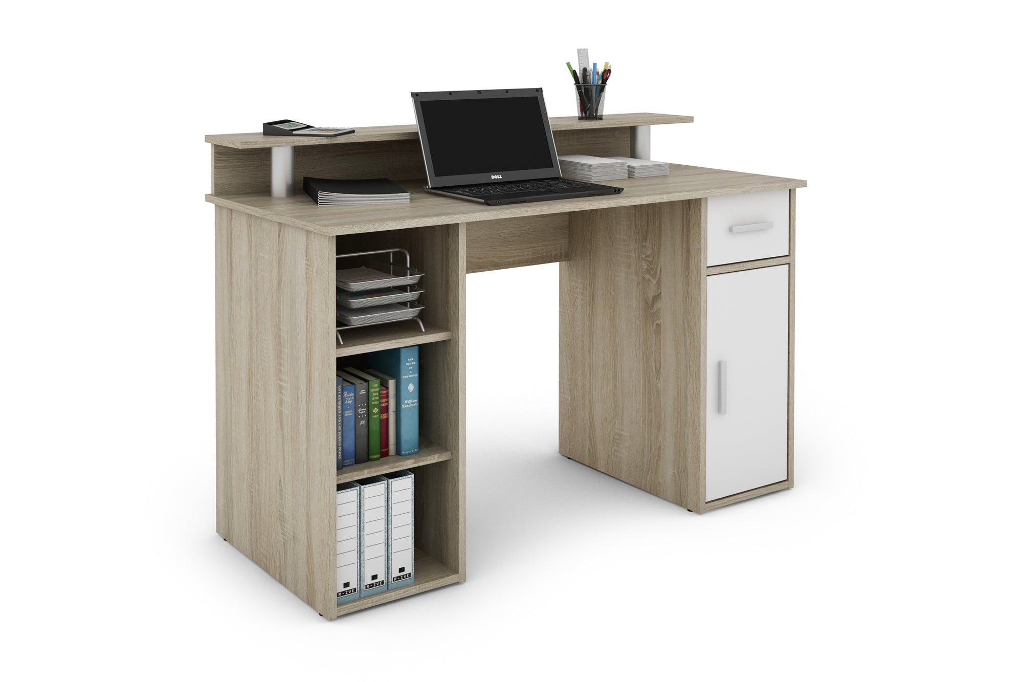 Schreibtisch DIEGO / Arbeits-Tisch mit viel Stauraum in Sonoma Eiche (Eiche-Optik), weiß, Old Wood (Altholz-Optik) / Computer-Tisch / 1 Schublade, 1 Tür, 3 offene Fächer / 120x88x55cm (BxHxT)