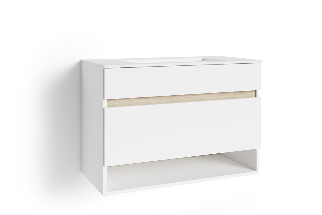 Waschtisch Marino / Waschbecken-unterschrank hängend, in schnee-weiß matt mit Absetzung in Sonoma Eiche / mit einer Schublade und einem offenen Fach / B 80, H 56, T 40 cm