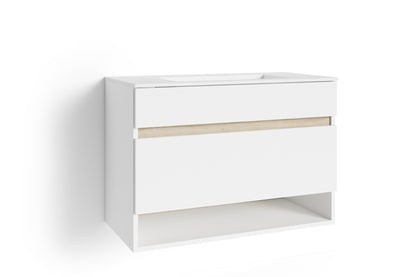 Waschtisch Marino / Waschbecken-unterschrank hängend, in schnee-weiß matt mit Absetzung in Sonoma Eiche / mit einer Schublade und einem offenen Fach / B 80, H 56, T 40 cm