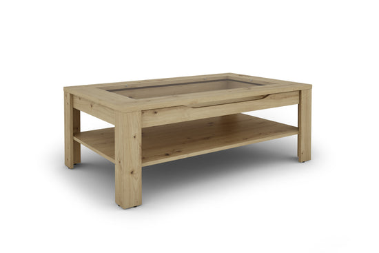Couchtisch RALPH / moderner Sofatisch mit Glaseinlage und großzügiger Schublade in weiß, Artisan Eiche (Eiche-Optik) oder Old Wood (Altholz-Optik) / Beistelltisch mit viel Stauraum / B 110, H 43, T 67 cm