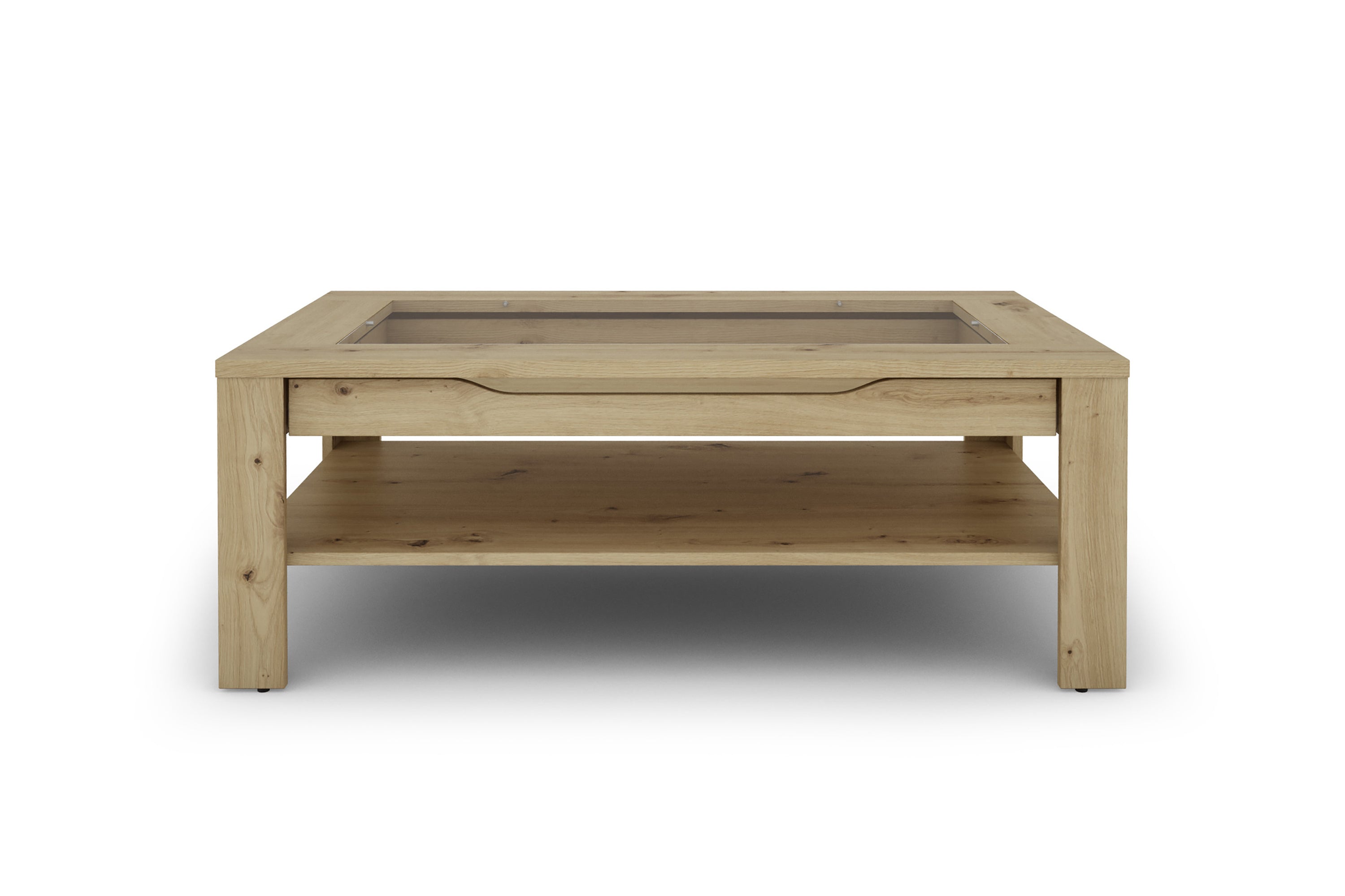 Couchtisch RALPH / moderner Sofatisch mit Glaseinlage und großzügiger Schublade in weiß, Artisan Eiche (Eiche-Optik) oder Old Wood (Altholz-Optik) / Beistelltisch mit viel Stauraum / B 110, H 43, T 67 cm