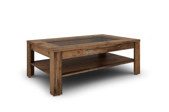 Couchtisch RALPH / moderner Sofatisch mit Glaseinlage und großzügiger Schublade in weiß, Artisan Eiche (Eiche-Optik) oder Old Wood (Altholz-Optik) / Beistelltisch mit viel Stauraum / B 110, H 43, T 67 cm