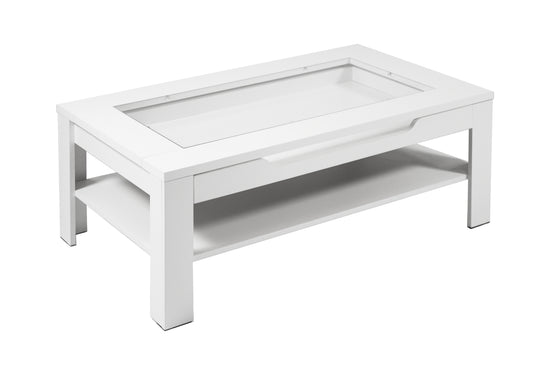 Couchtisch RALPH / moderner Sofatisch mit Glaseinlage und großzügiger Schublade in weiß, Artisan Eiche (Eiche-Optik) oder Old Wood (Altholz-Optik) / Beistelltisch mit viel Stauraum / B 110, H 43, T 67 cm
