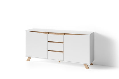 Sideboard VALENTIN / Kommode matt weiß oder anthrazit mit Absetzung in Eiche-Optik / Schrank mit 2 Türen und 3 Schubkästen / Im Scandi-Style / Grifflos / B 160, H 80, T 38 cm