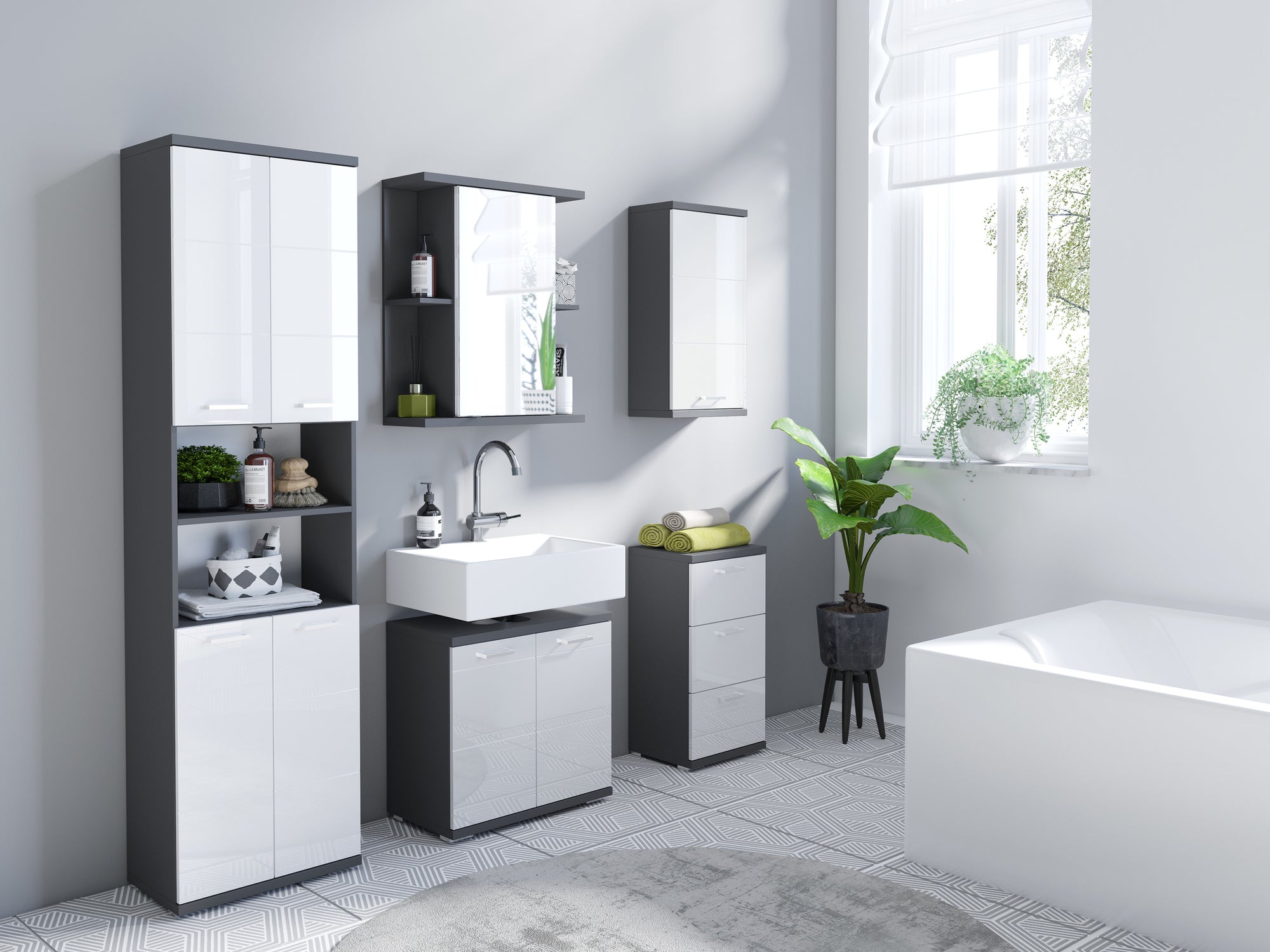Badezimmer-Hochschrank NEBRASKA / in anthrazit, Sonoma Eiche (Eiche-Optik) oder weiß / B 50, H 192, T 31,5 cm / 4 Türen mit offenen Elementen &amp; viel Stauraum