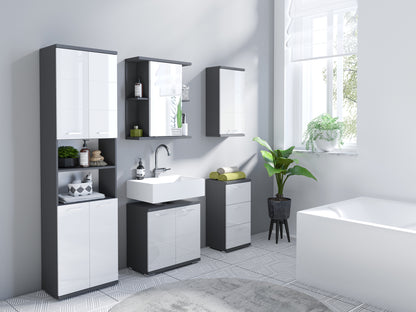 Badezimmer-Hochschrank NEBRASKA / in anthrazit, Sonoma Eiche (Eiche-Optik) oder weiß / B 50, H 192, T 31,5 cm / 4 Türen mit offenen Elementen &amp; viel Stauraum