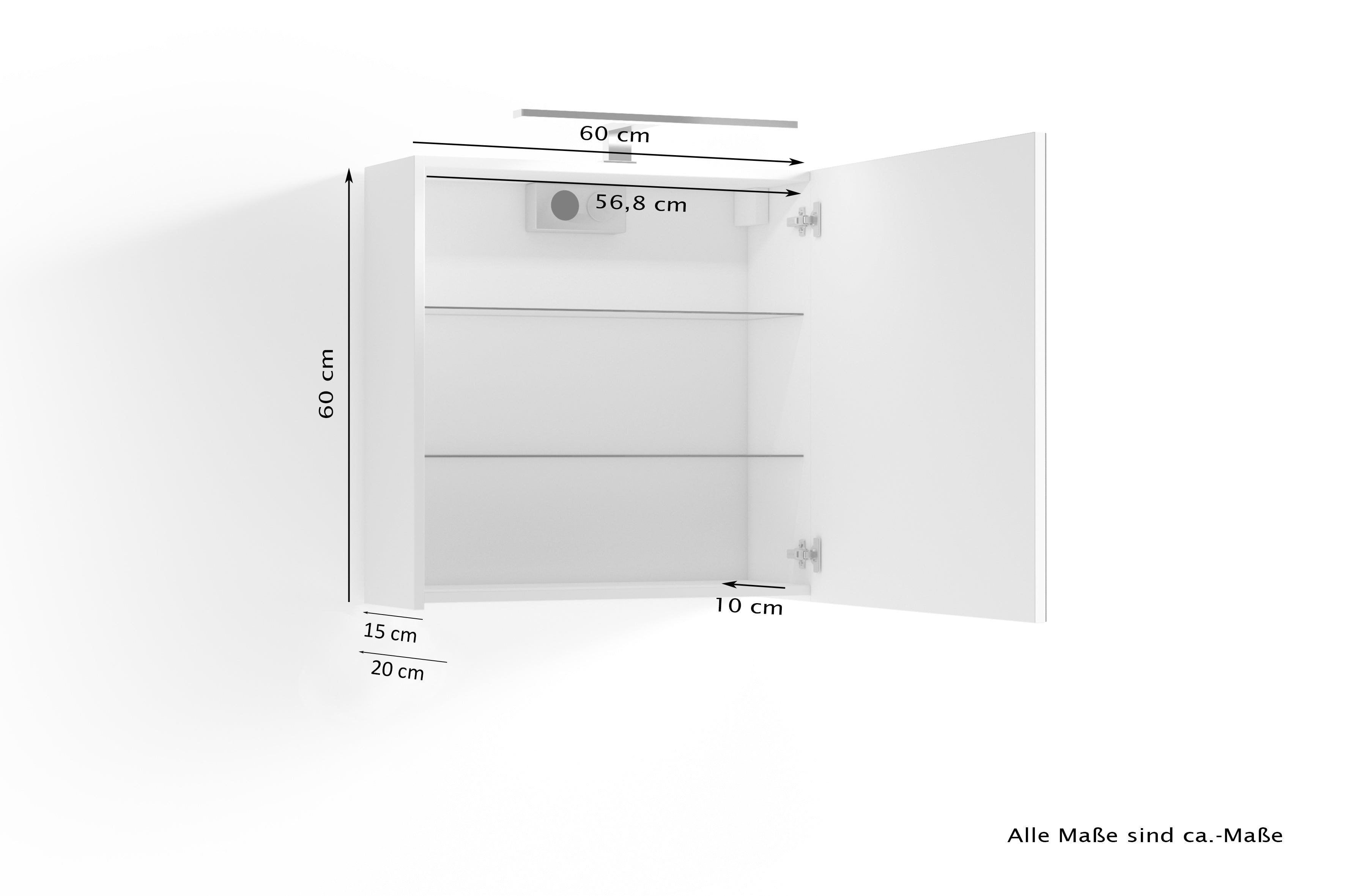 Spiegelschrank SPREE / Korpus matt weiß mit Spiegeltüren / Hängeschrank mit Soft-Close-Funktion / Inklusive LED-Beleuchtung / Badschrank mit Stecker- und Schalterdose / B 60, H 60, T 20 cm