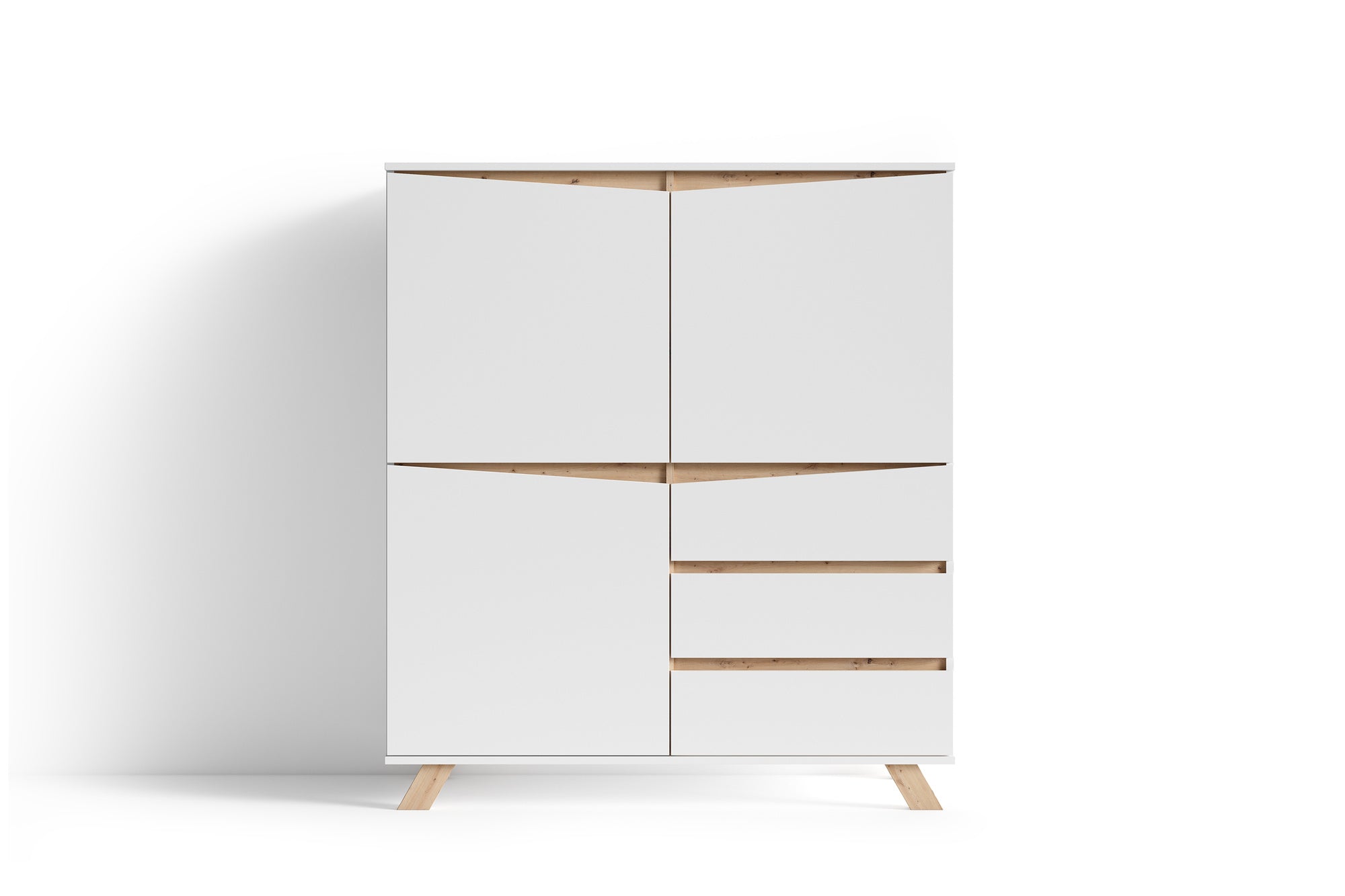 Highboard VALENTIN / Sideboard matt weiß oder anthrazit mit Absetzung in Eiche-Optik / Wohnzimmer-Schrank mit 3 Türen und 3 Schubkästen / Im Scandi-Style / Grifflos / B 120, H 137, T 38 cm