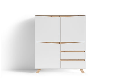 Highboard VALENTIN / Sideboard matt weiß oder anthrazit mit Absetzung in Eiche-Optik / Wohnzimmer-Schrank mit 3 Türen und 3 Schubkästen / Im Scandi-Style / Grifflos / B 120, H 137, T 38 cm