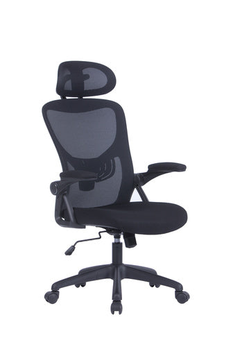 Bürostuhl FLEX / optional mit Kopfstütze / Kunststoff schwarz, Netzstoff schwarz / Wippmechanik / Armlehne klappbar / Lordoseneinstellung / B 62, H 95-103, T 58,5 cm oder B 62, H 111-119, T 66 cm